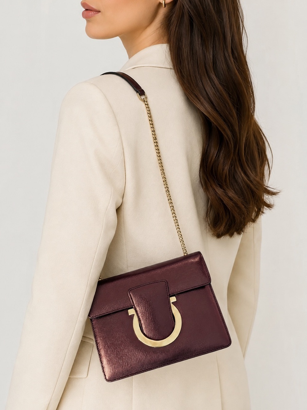 Elegant Metallic Burgundy Thalia Shoulder Bag with Gold Accent 8x6x2